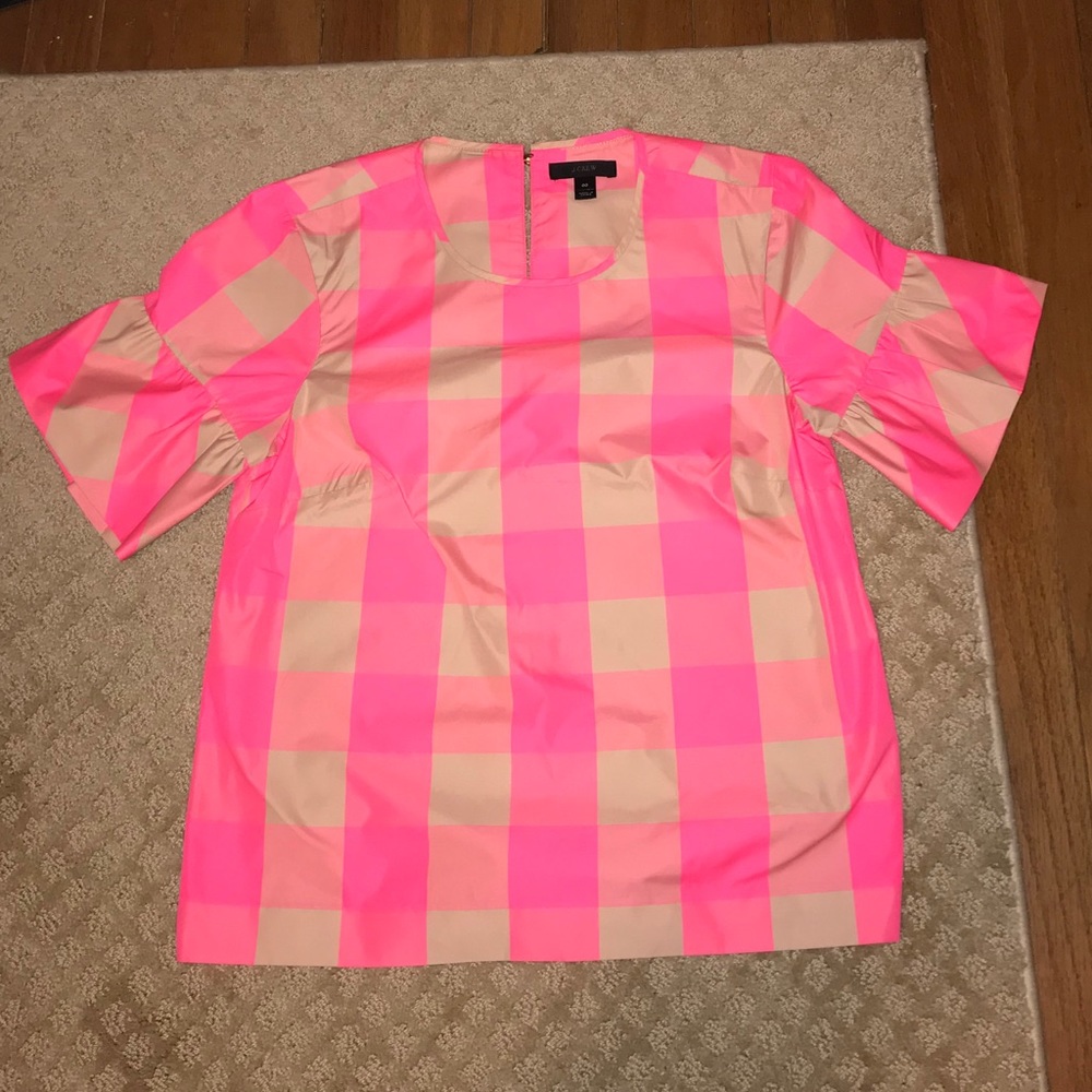 J. Crew Short Sleeve Ruffle Top Neon Buffalo Check